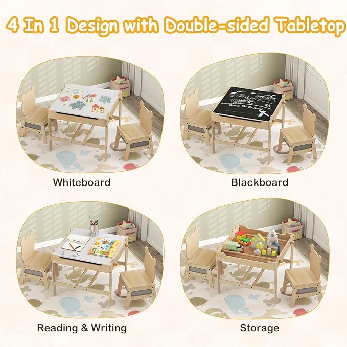 Costzon Kids Table and Chairs, 4 in 1 Wooden Activity Desk Set w/Reversible Whiteboard & Chalkboard, Hidden Storage Space and Drawers for Arts, Crafts, Play, Toddler Table and Chair Set (Bear Shape)