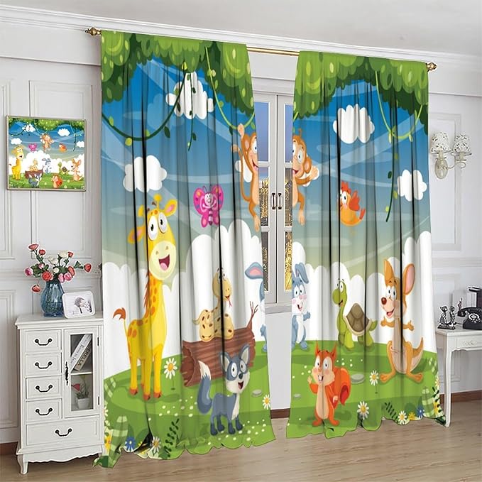Animal Curtains, Cartoon Cute Woodland Jungle Forest Animals Pattern Blackout Window Treatments, Rod Pocket Thermal Insulated Drapes 2 Panel Sets for Kids Nursery Bedroom Classroom, 63" W X 72" L