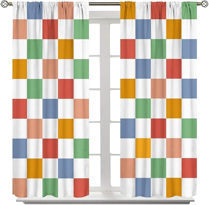Retro Checkered Curtains,70s Vintage Twisted Checkered Window Drapes Colorful Groovy Trendy Wavy Hippie Grid Print Window Treatments for Kids Girls Bedroom Living Room Bathroom 55" W X 63" L