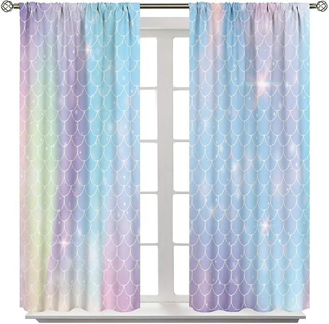 Mermaid Curtains, Kids Cartoon Watercolor Sea Animals Mermaid Princess Scales Pattern Print Living Room Decoration for Kids Girls Bedroom Nursery 72x63 Inch