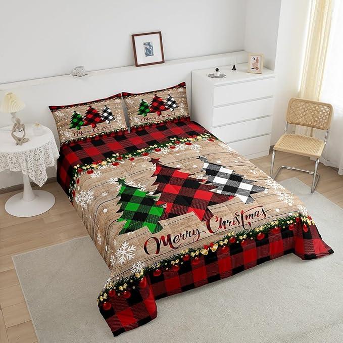Manfei Plaid Tree Comforter Set Queen Size, Wooden Stripe Print Bedding Set 3pcs for Kids Boys Girls Bedroom Decor, Christmas Theme New Year Quilt Set with 2 Pillowcases