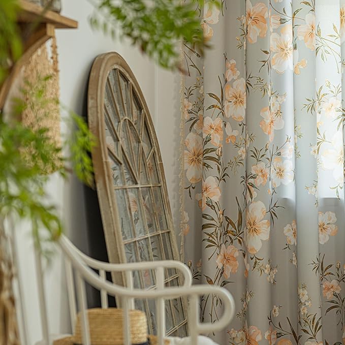 ENJOYBRIDAL Floral Curtains 84 Inch Length Living Room Bedroom Drapes Boho Dining Room Semi Sheer Farmhouse Window Curtains 2 Panels Floor Length Cottage Core Cute Rod Pocket Window Treatments
