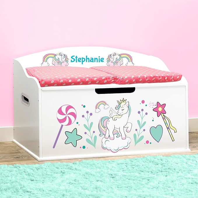 DIBSIES Personalized Creative Wonders Toy Box, Unicorns & Rainbows, 30 x 19.25 x 18 inches, Soft-Close Lid (White)