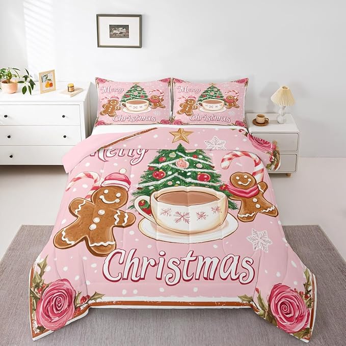 Feelyou Merry Christmas Comforter Set Full Size Gingerbread Man Bedding Set for Kids Boys Girls Xmas Duvet Quilt Christmas Decor Bedroom Decor Microfiber 3 Pcs with 2 Pillow Cases