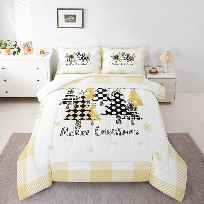 Manfei Xmas Tree Comforter Set Queen Size, Yellow Plaid Grid Snowflake Down Comforter with 2 Pillowcases, Christmas Theme Bedding Set 3pcs for Kids Girls Adults Room Decor New Year Duvet Insert