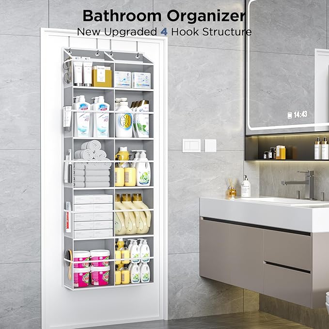 PureSpace 5-Tier Over The Door Organizer with 10 Side Mesh Pockets & Clear Windows, 80 lb Weight Capacity Hanging Storage for Bathroom, Bedroom, Nursery, Kitchen, Organizer Toys (Grey Clear wind)