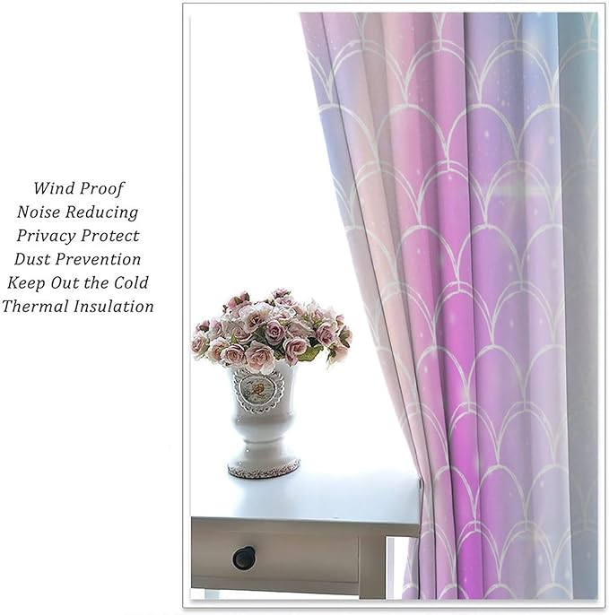 Mermaid Blackout Curtains, Kids Cartoon Blue and Pink Ocean Mermaid Scale Pattern Decoration for Girls Bedroom Nursery Curtains 72x63 Inch