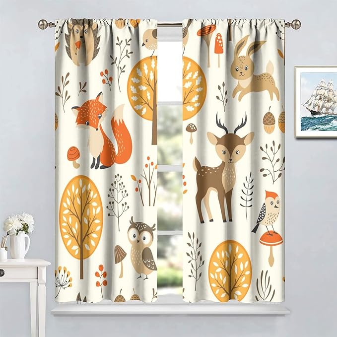 Kids Forest Animal Curtains,Baby Bedroom Window Treatments, Cartoon Watercolor Forest Animal Lion Boys Girls Children Bedroom Drapes 42x45 Inch