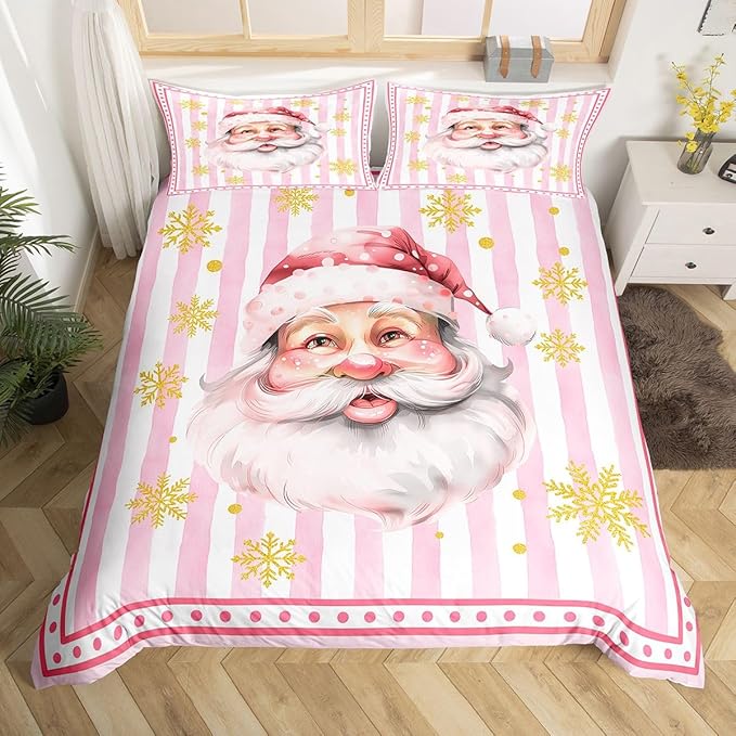 Manfei Cartoon Santa Claus Duvet Cover,New Yrar Decor Golden Snowflake Christmas Theme Bedding Set for Bedroom Decor,Girly Pink Geometric Stripes All Season Bedding (NO Comforter) Full Size
