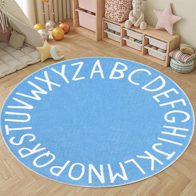 Round ABC Kids Carpet Alphabet Nursery Area Rug Extra Large Soft Crawling Play Mat Suitable for Children's Bedrooms - Non-Slip and Machine Washable-3.3ft Blue