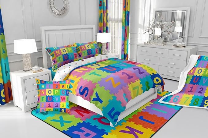 Feelyou Kids Puzzle Alphabet Numbers Comforter Set Queen Size ABC Letters Bedding Set for Kids Boys Girls Educational Duvet Quilt English Learning Bedroom Decor Microfiber 3 Pcs with 2 Pillow Cases