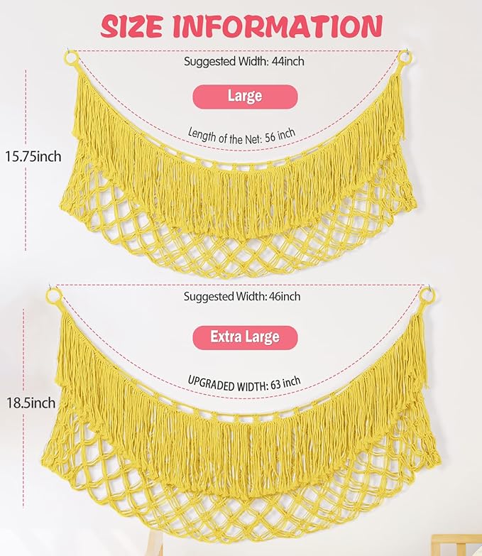 Stuffed Animal Hammock - Extra Large 63'' Long, Stuffed Animal Storage, stuffed animal Holder net, Toy Hammock Large, Toy Storage Hanging Organizer - Lemon yellow