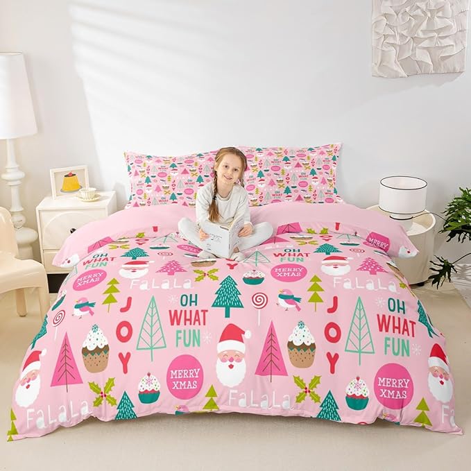 Feelyou Christmas Kids Bedding Set Cartoon Santa Claus Duvet Cover for Boys Children Teens Bedroom Decor Christmas Tree Comforter Cover Set Xmas Theme Bedspread Cover Queen Size with 2 Pillow Case