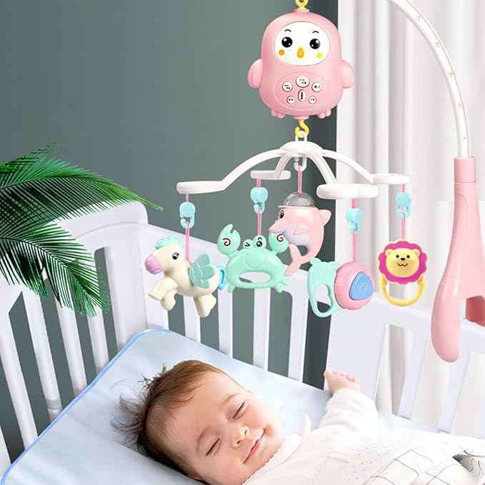 Remote Control Crib Toys Hanging, Timing Modecrib Toys with Night Lights and Music Rotating Rattles Mobile Crib Mobile for Boys Newborn Sleep
