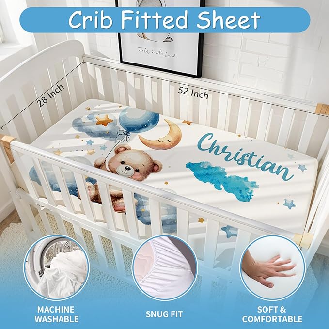 Custom Baby Boy Crib Bedding Set, 5 Pcs Personalized Blue Moon Bear Baby Crib Set with Name, Nursery Girl Bedding, Double Layer Toddler Bedding Set, Newborn Infant New Parents Customized Gifts