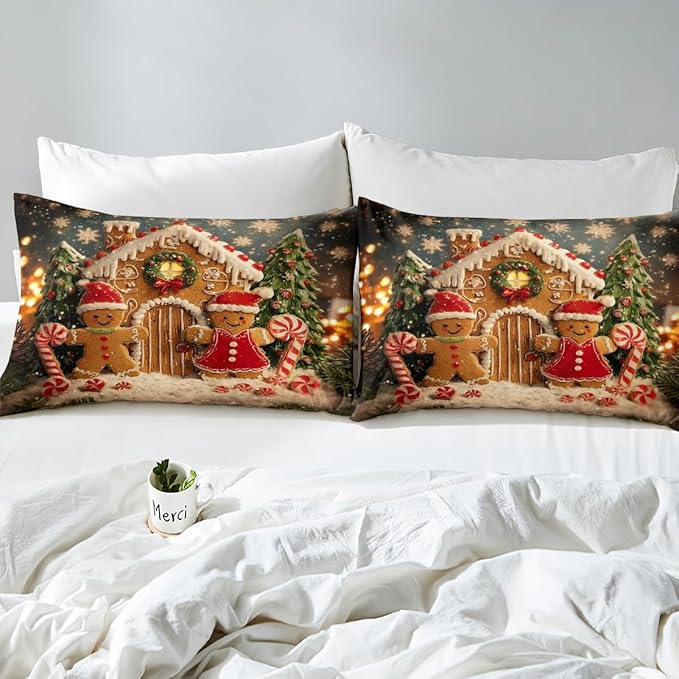 Feelyou Cute Gingerbread Man Duvet Cover Twin Size Cartoon Christmas Bedding Set for Boys Girls New Year Holiday Comforter Cover Reversible Xmas Decor Bedroom Decor 2Pcs