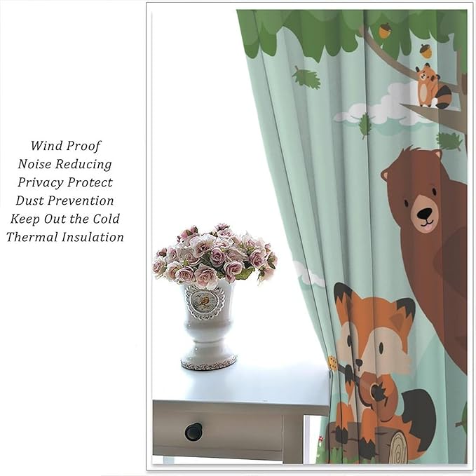 Forest Animals Curtains Colorful Forest Cartoon Cute Fox Bear Giraffe for Kids Boys Girls Nursery Bedroom Living Room Blackout Rod Pocket Decoration Window Drapes 2 Panels W21xL45in