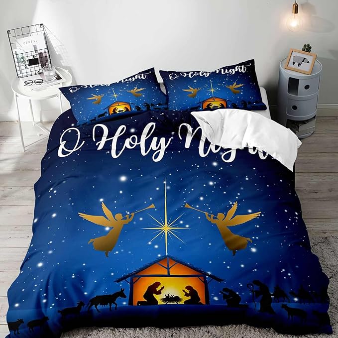 LUVIVIHOME 2PCS Christmas Duvet Cover Twin Bedding Sets, Navy Blue Duvet Cover, Galaxy Oh Holy Night Nativity Scene Angel Winter Holiday Xmas Christmas Comforter Cover, Bed in a Bag, 1 Pillow Case