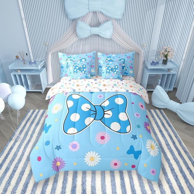 7 Pieces Blue Bowknot Kids Comforter Set Twin,Daisy Flowers Geometric Dot Patchwork Bedding Set,Star Bow Tie Princess Cute Dreamy（Comforter+Fitted+Flat Sheet+2 Pillowcases+2 Throw Pillow Covers）