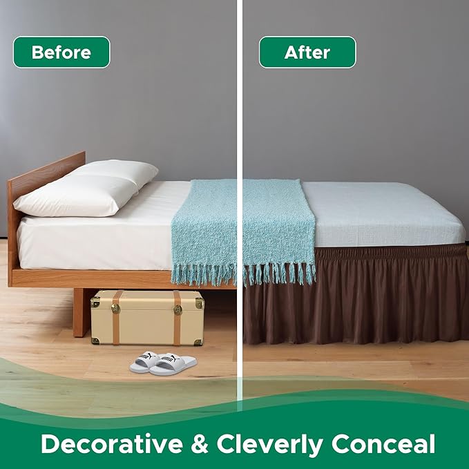 Biscaynebay Wrap Around Bed Skirts for Queen Beds 15" Drop, Brown Adjustable Elastic Dust Ruffles Easy Fit Wrinkle & Fade Resistant Silky Luxurious Fabric Machine Washable