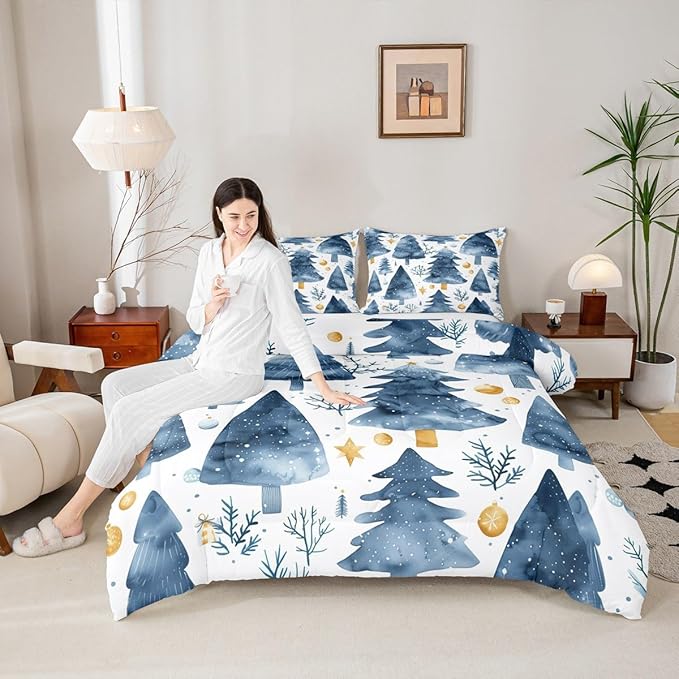 Feelyou Christmas Comforter Set All Season Xmas Tree Bedding Set with 2 Pillow Cases Watercolor Blue Microfiber Kids Full Bedclothes Snowflake Bedroom Decor Duvet Quilt Breathable Soft Lightweight