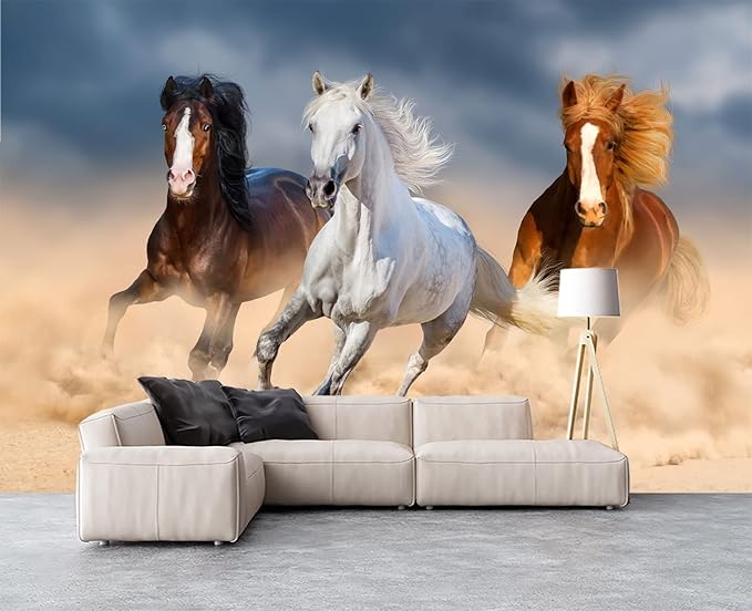Three Running Horses Chinoiserie Wall Mural Wallpaper for Bedroom 178" x 117"