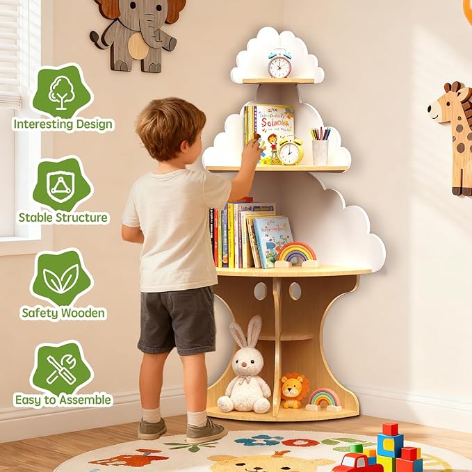 Bookshelf for Kids, Children Cloud-Bookshelf, Space-Saving Montessori Toddler Corner Bookcase for Nursery, Classroom, Kindergarten, Kids Rooms