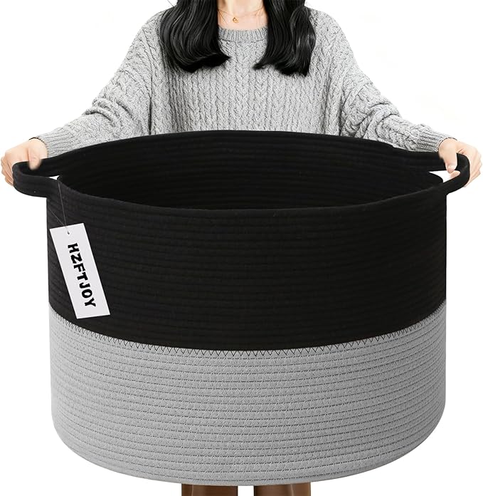 Large Blanket Basket for Organizing,65L Closet Organizers and Storage Bins Box for Shelves Woven Rope Storage Baskets,Living Room,Bedroom,Dorm,Laundry room (Black&Light Grey)