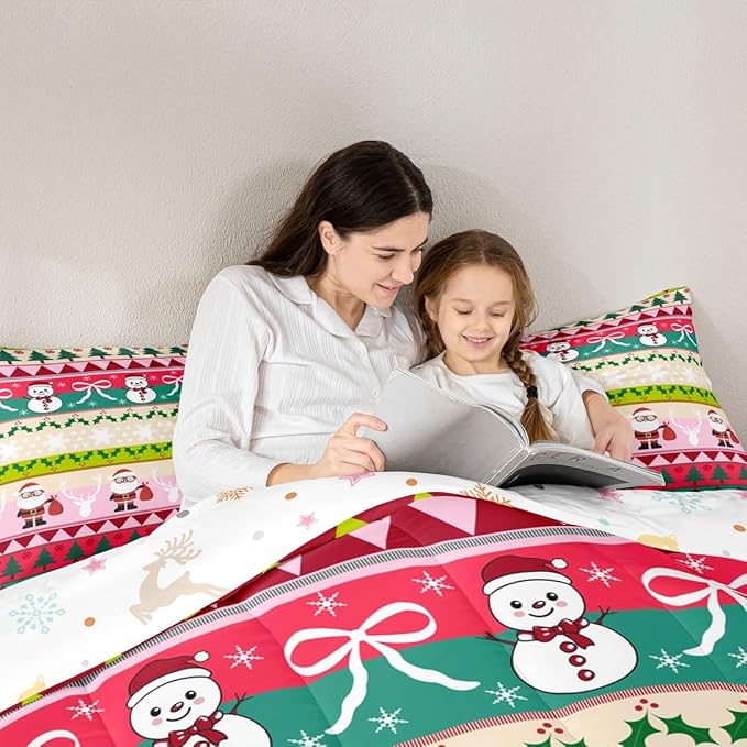 Feelyou Merry Christmas Tree Bedding Set Soft for Boys Girls, Cute Snowman Comforter Set King Size Santa Claus Duvet Quilt Microfiber Cartoon Bowknot Bedroom Decor 3 Pcs with 2 Pillow Cases