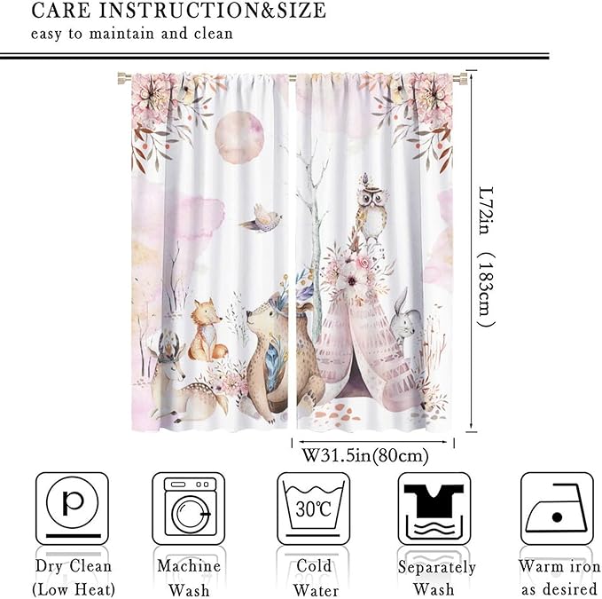 Forest Animal Curtains for Kids, Pink Watercolor Woodland Animal Window Treatments Fox Deer Owl Wildlife Safari Jungle Bear Window Drapes for Girls Nursery Toddler Bedroom 63x72in
