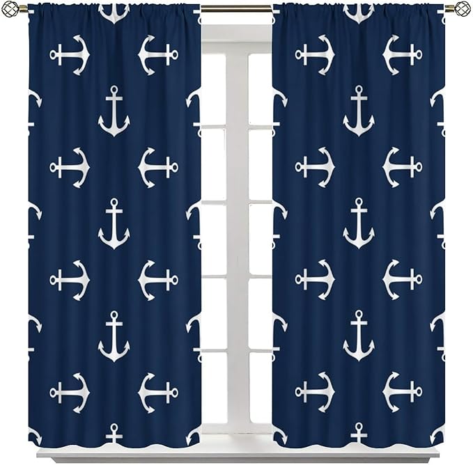 Nautical Curtains,MarineThemed Oceanic Anchor Pattern Blackout Print Home Bedroom Living Room Window Treatments 2 Panel Set 42x45 Inch
