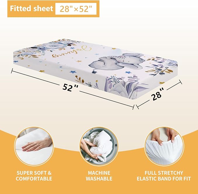 Custom Baby Crib Bedding Set, 5 Pcs Personalized Name Baby Crib Sets for Infant Toddler, Blue Elephant Nursery Bedding Set for Boy Girl, Double Layer Flannel Baby Bedding Sets Customized Gifts
