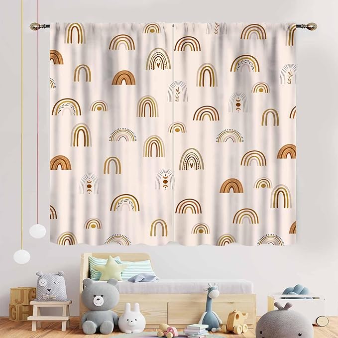 Rainbow Curtains, Boho Pastel Cute Cartoon Aesthetic Art Printed Beige Blackout Decorative Drapery for Kids Girls Baby Bedroom Living Room Classroom Nusery Bathroom Windows 2 Panels, 55"x63" Inch