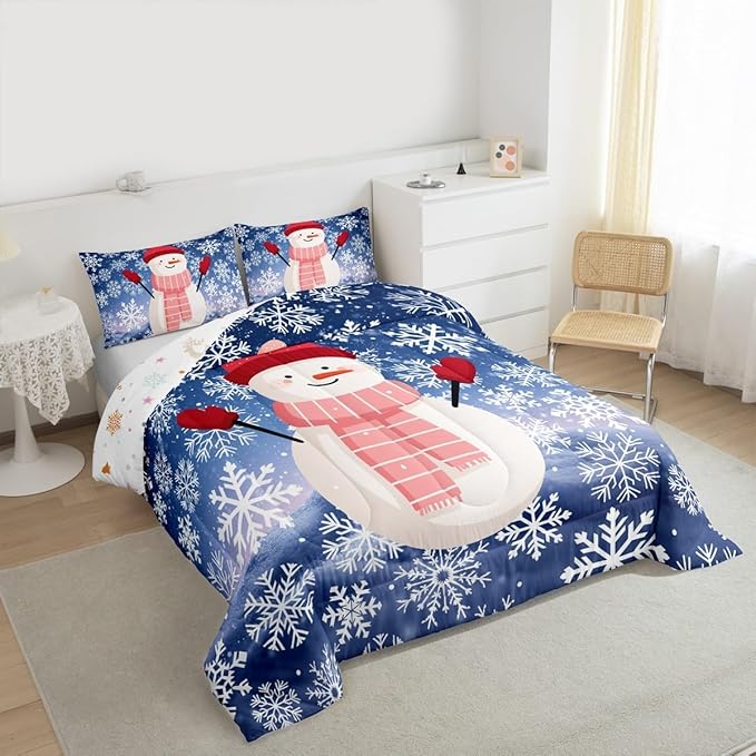 Feelyou Christmas Kids Comforter Set Queen Size Snowman Purple Blue Gradient Bedding Set Xmas Snowflakes Duvet Quilt for Kids Boys Girls Bedroom Winter Snow Decor Microfiber Ultra Soft Breathable