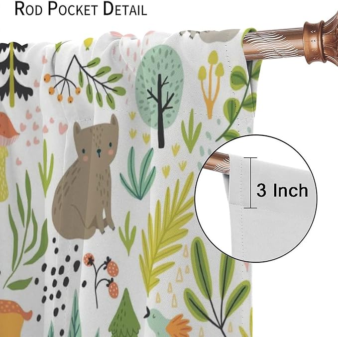 Cartoon Forest Kids Blackout Curtains,Cute Woodland Wild Animals Colorful Deer Plants Trees Print Pattern Thermal Insulation Window Drapes for Nursery Boys Girls Bedroom,White Background 42x63in