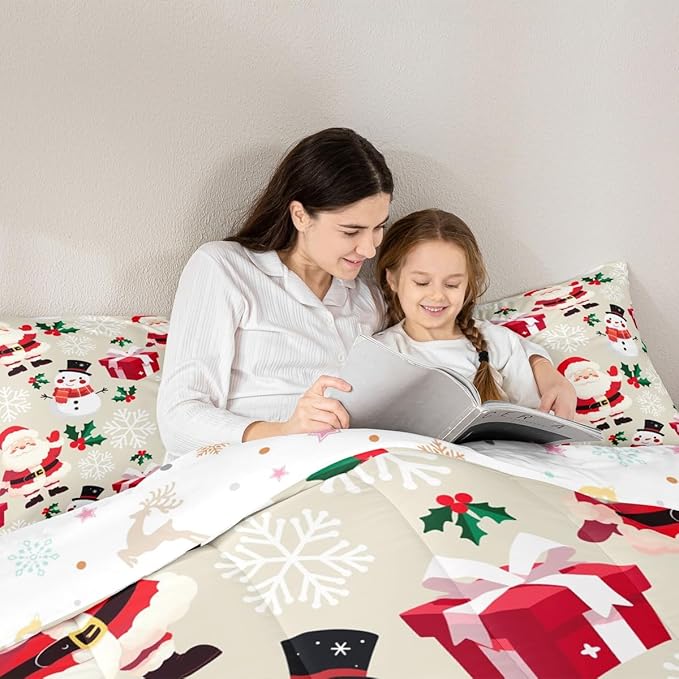 jejeloiu Merry Christmas Comforter Set Queen Size Xmas Santa Claus Bedding Set for Kids Boys Girls Cute Snowman Duvet Quilt Beige Bedroom Decor