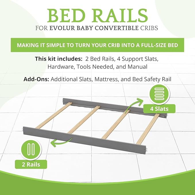 Full-Size Conversion Kit Bed Rails for Evolur Cribs - Solid Wood Crib Convertible Kit to Kids Bed - Transitional Style Rails & Easy-to-Install Child Essentials for Safety (Rustic Grey)