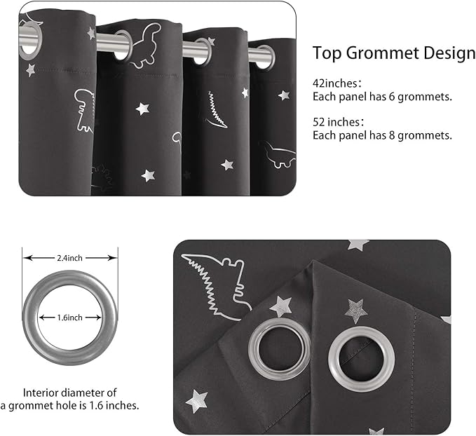 LORDTEX Dinosaur and Star Foil Print Blackout Curtains for Kids Room - Thermal Insulated Curtains Noise Reducing Window Drapes for Boys and Girls Bedroom, 42 x 84 Inch, Grey, Set of 2 Panels