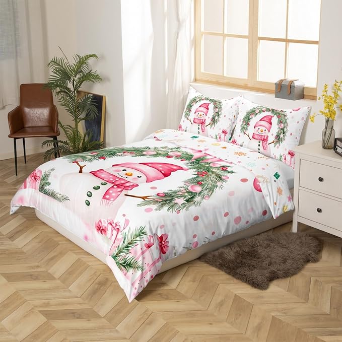 Manfei Christmas Kids Duvet Cover Set Twin Size, Cute Snowman Holly Leaf Bedding Set for Boys Girls Adult, Pink Bowknot Xmas Comforter Cover, Lightweight Bedspread Cover, 1 Pillowcase, No Comforter
