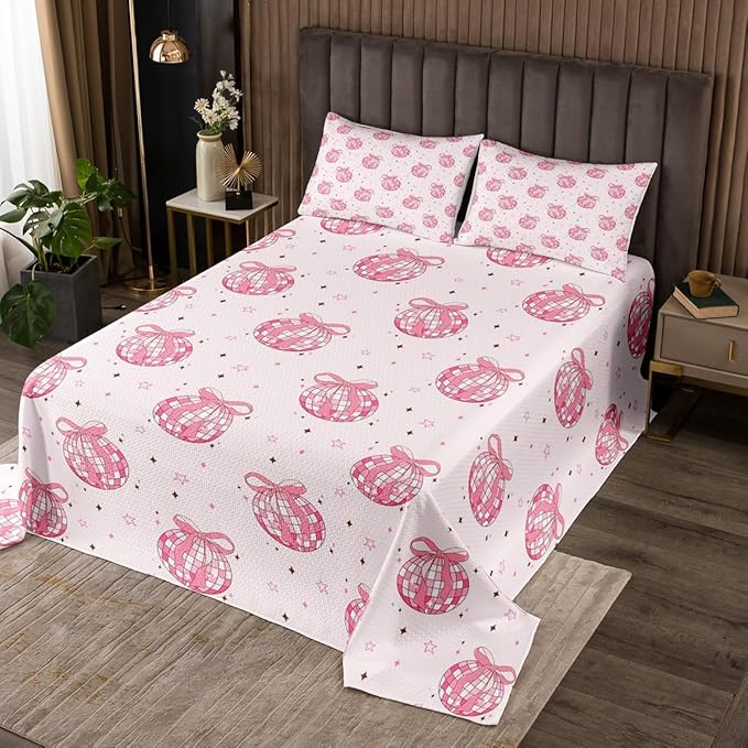 Bowknot Princess Kid Bedspread Queen Size,Disco Crystal Ball Western Cowgirl Coverlet Set,Girls Women Room Decor,Star Bow Tie Sweet Romantic Quilted Coverlet,Pink Dreamy Bedding Quilt,2 Pillowcases