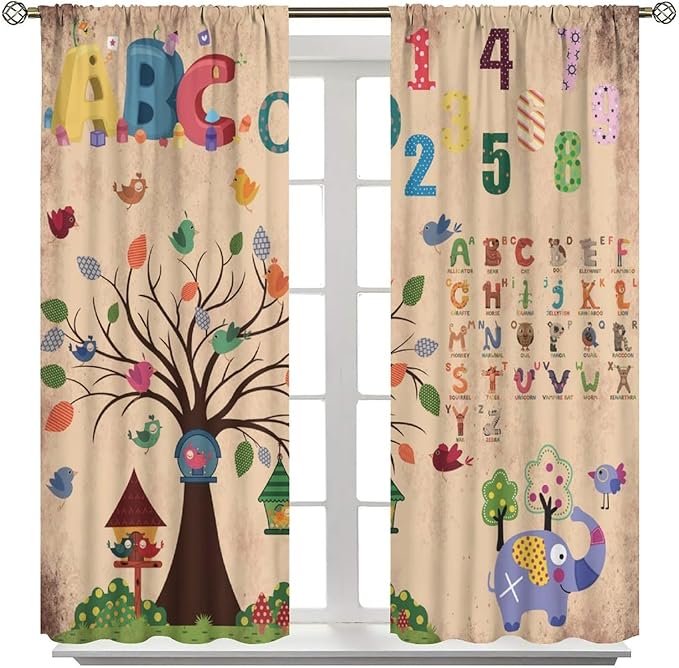 Animal Alphabet Numbers Tree Curtain Learning ABC Letters Birds Numbers Home Printed Rod Pocket Window Treatments for Bedroom Living Room Playroom Nursery 72" W X 63" L