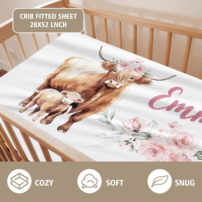 Custom Name Crib Bedding Set 3-Piece – Pink Highland Cow Design Baby Bedding Set with Personalized Soft Blanket, Fitted Sheet, Changing Pad Cover – Ideal Newborn Gift for Boys and Girls