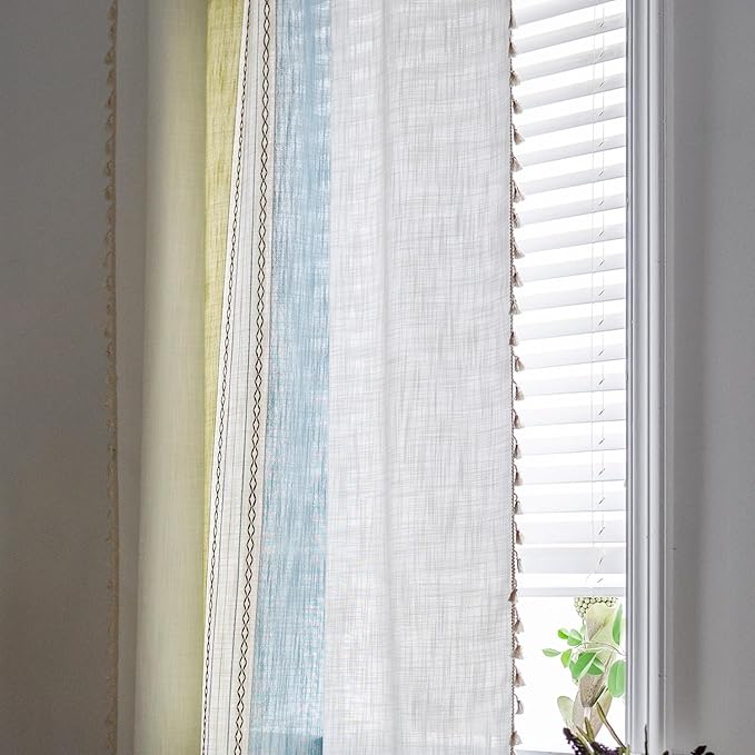 Deeprove Boho Linen Curtains 84 inch for Bedroom Living Room, Semi Blackout Textured Farmhouse Tassels Window Treatment Bohemian Embroidery Drape Rod Pocket 1 Panel 52" W x 84" L, Blue and Sage Green