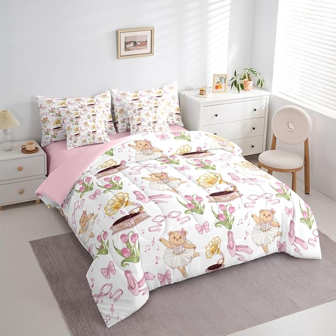 Pink Bowknot Princess Comforter Full Size,Ballet Shoes Bear Dancer Cartoon 7 Pcs Bedding Set,Tulip Flower Music Note Record Decor,Bow Tie Romantic （Fitted+Sheet+2 Pillowcases+2 Throw Pillow Covers）