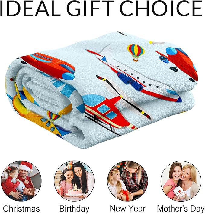 Custom Cute Throw Blanket for Adults - 60" x 80" Inches Airplane Throw Gifts for Boys - Blue Warm Cozy Aircraft Blanket for Bed, Couch, Travel