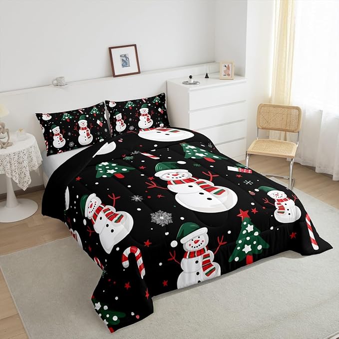 jejeloiu Kids Cute Winter Snowman Comforter Set Toddler Christmas Theme Bedding Set for Boys Girls Teens Xmas Candy Cane Snowflake Happy New Year Duvet Quilt Room Decor