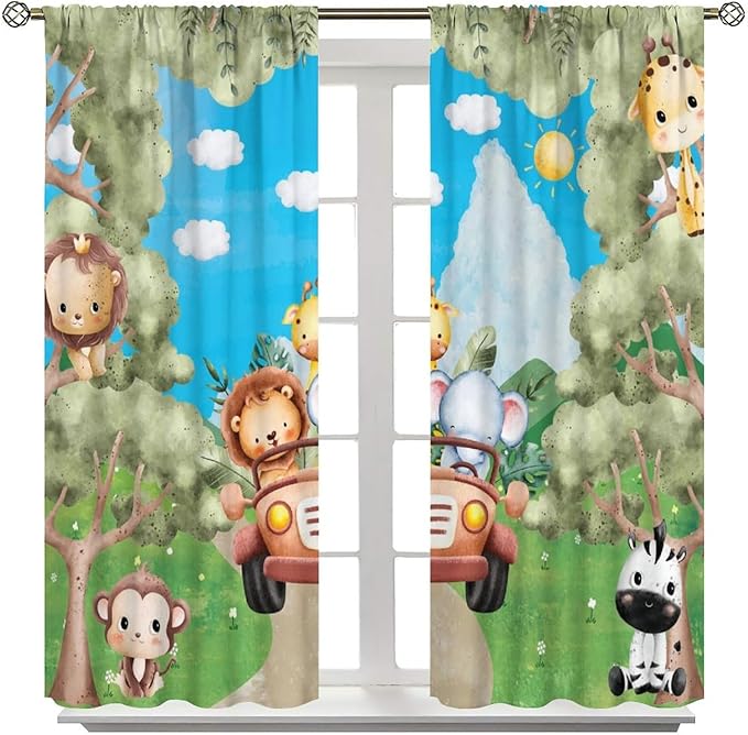 Jungle Animals Curtains, Cartoon Safari Animals Tropical Forest Leaf Blackout Window Treatments, Rod Pocket Thermal Insulated Drapes 2 Panel Sets for Kids Bedroom Nursery Classroom, 42"W X 45"L