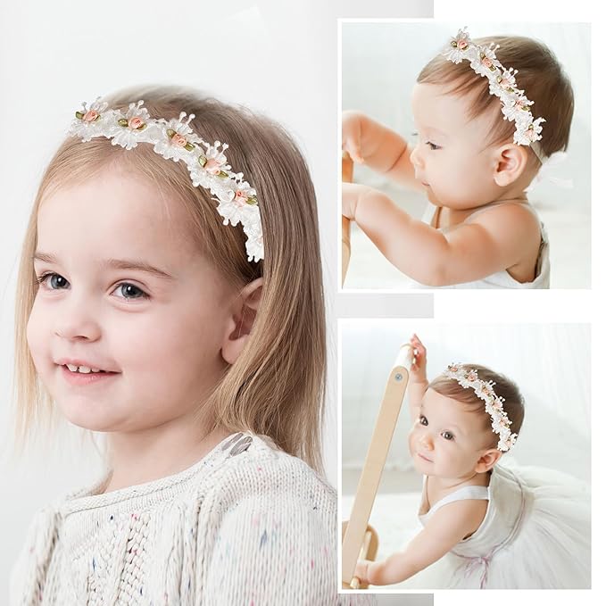 2 Pack 18-20in Elegant White Flower Christening Headbands for Baby Girl, Elastic Soft Lace with Cute Tulle Pearl Hair Strap (Snow Tooth Rose)
