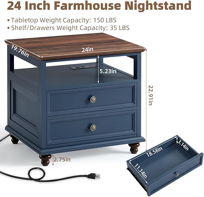 Farmhouse Dresser and Nightstand Sets, Wood 54" Wide Dresser & 24" Night Stand with Charging Station, 2 Piece Bedroom Furniture Set, Chest of Drawers for Bedroom, Home, Living Room, Hallway