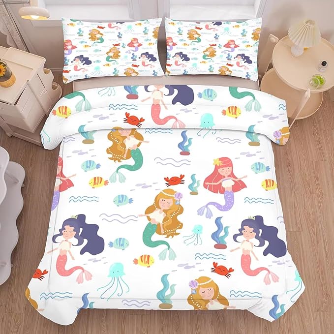 kxry Little Mermaid Princess Comforter Set King Size Fairy Tale Sea Shell Grass Bedding Sets for Girls Teens Kids Soft Microfiber Lightweight Comforter Set with 1 Comforter + 2 Pillow Cases